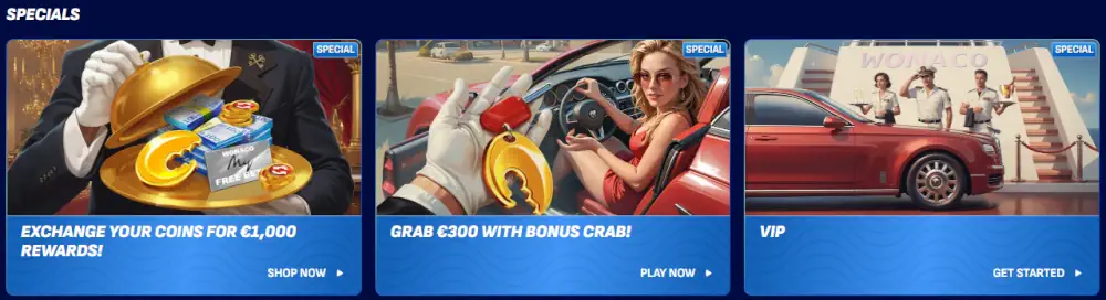 Ricompense speciali Wonaco, bonus crab offerte e panoramica del programma VIP